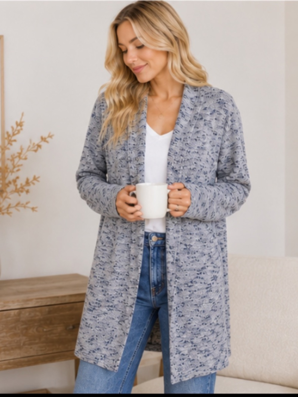 J Jill Pure Jill XL Space Dye Long Cardigan Wool Blend Open Front Sweater